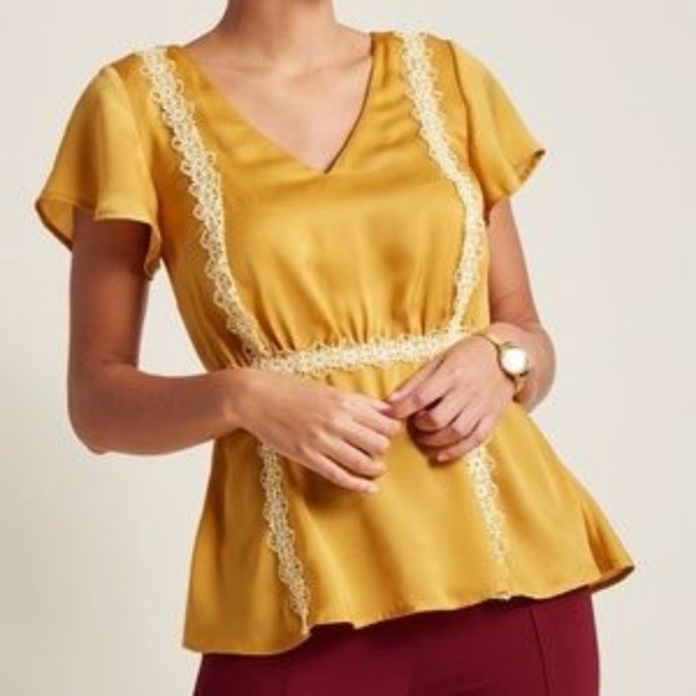 MODCLOTH Silky Mustard Lace Embellished Blouse—Med